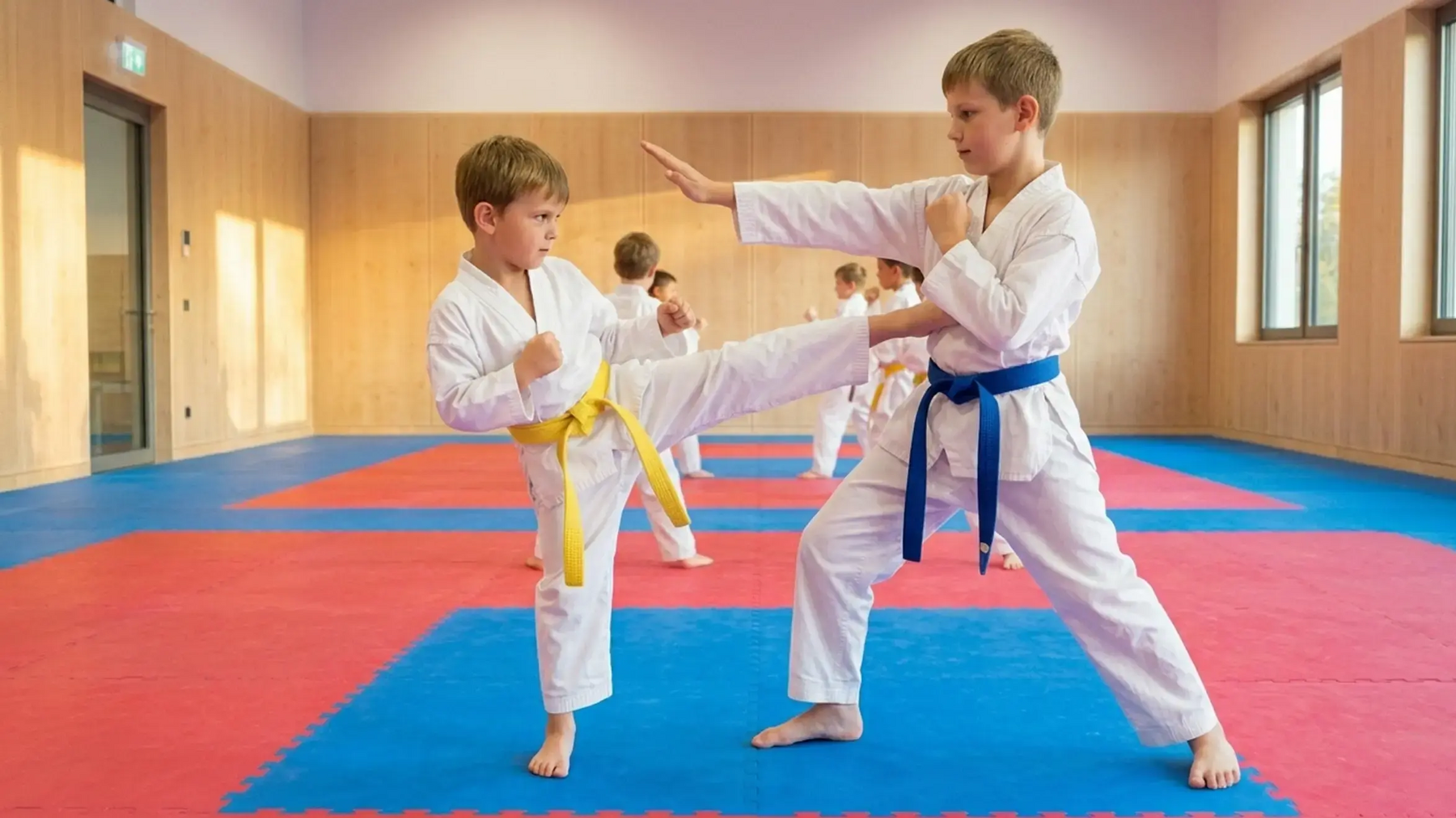 Dzieci na treningu trenujące taekwondo