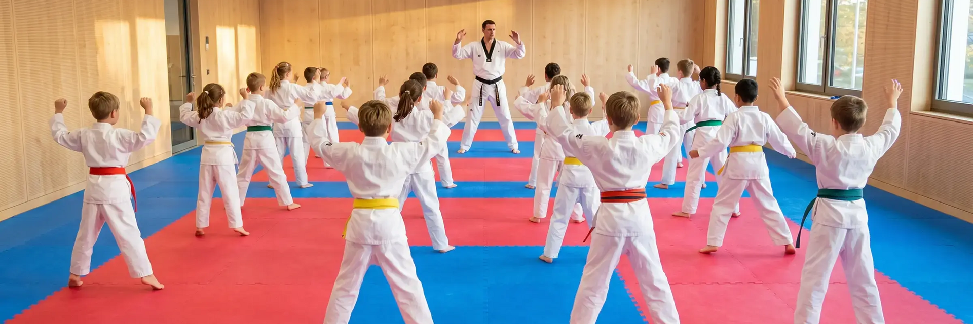 Trener ćwiczący judo z dziećmi w judogach