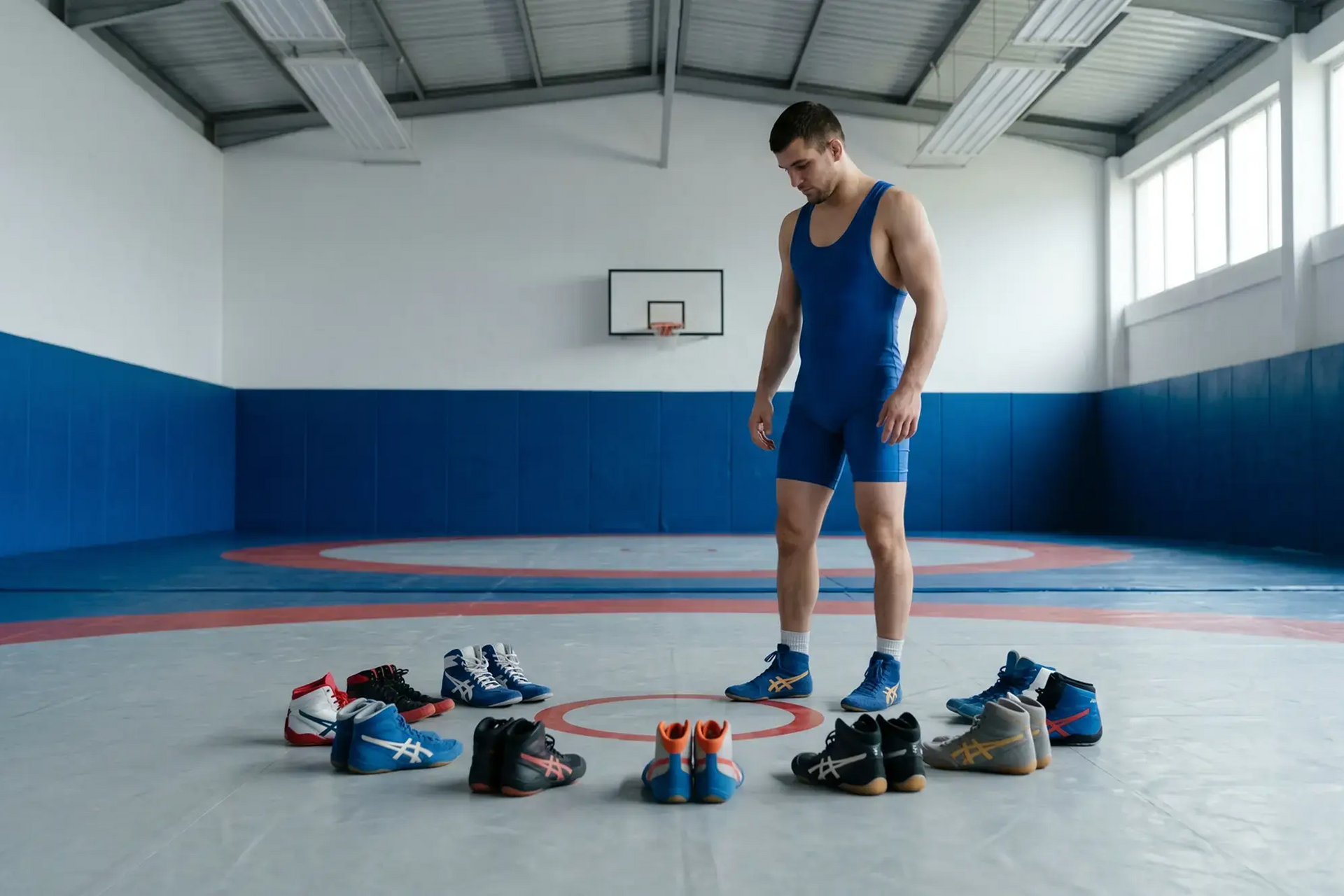Mężczyzna stojący na sali w okręgu buty zapaśnicze