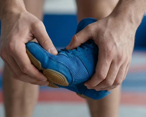 Mężczyzna ściskające w rękach buty zapaśnicze