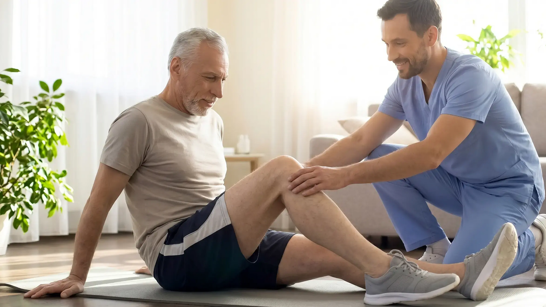 Fizjoterapeuta ćwiczący z mężczyzną na siedząco kolano