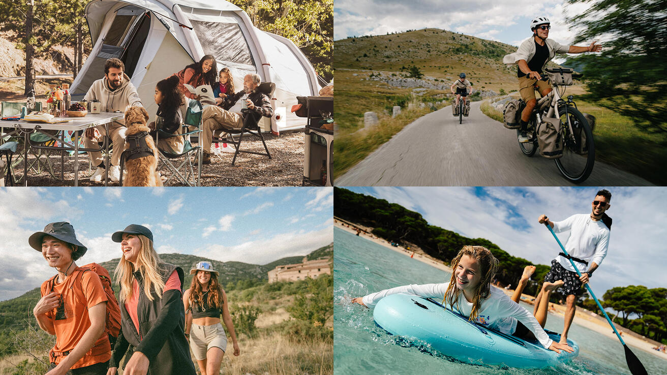 Eine vierteilige Collage, die verschiedene Outdoor-Aktivitäten zeigt: Oben links: Eine mehrköpfige Familie mit einem Hund sitzt entspannt vor einem großen hellen Zelt an einem Campingtisch. Oben rechts: Zwei Radfahrer mit bepackten Tourenrädern fahren eine kurvige Bergstraße hinunter. Unten links: Eine Nahaufnahme der Beine von Läufern in Trailrunning-Schuhen der Marke Kiprun auf einem steinigen Pfad. Unten rechts: Ein Mädchen liegt lachend auf einem Stand-up-Paddleboard im flachen Wasser, während ein Mann dahinter im Stehen paddelt.