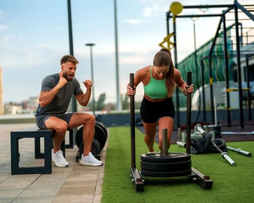 Kobieta trenująca sled push obok trener