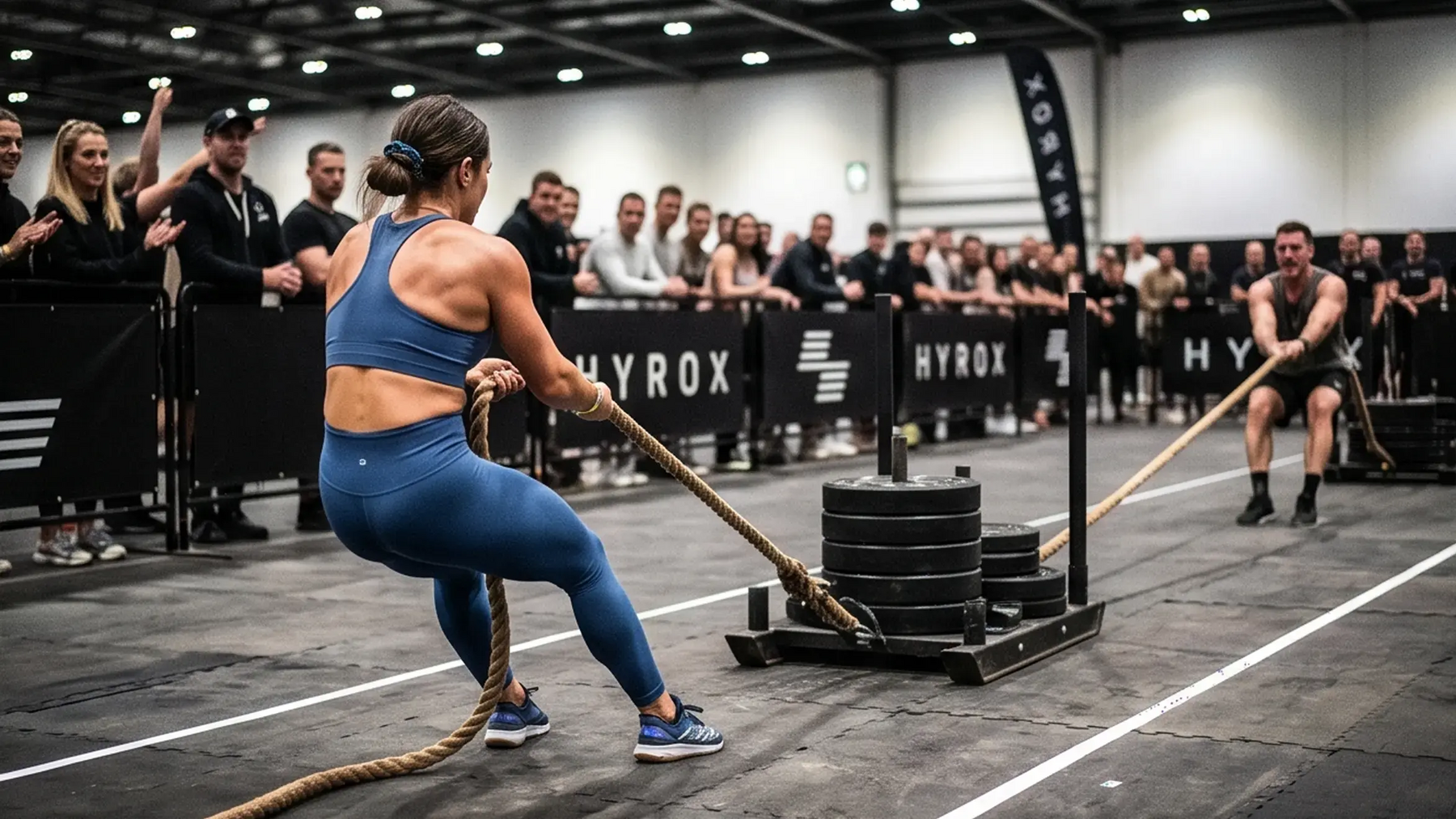 Kobieta i mężczyzna konkurujący między sobą podczas sled pull