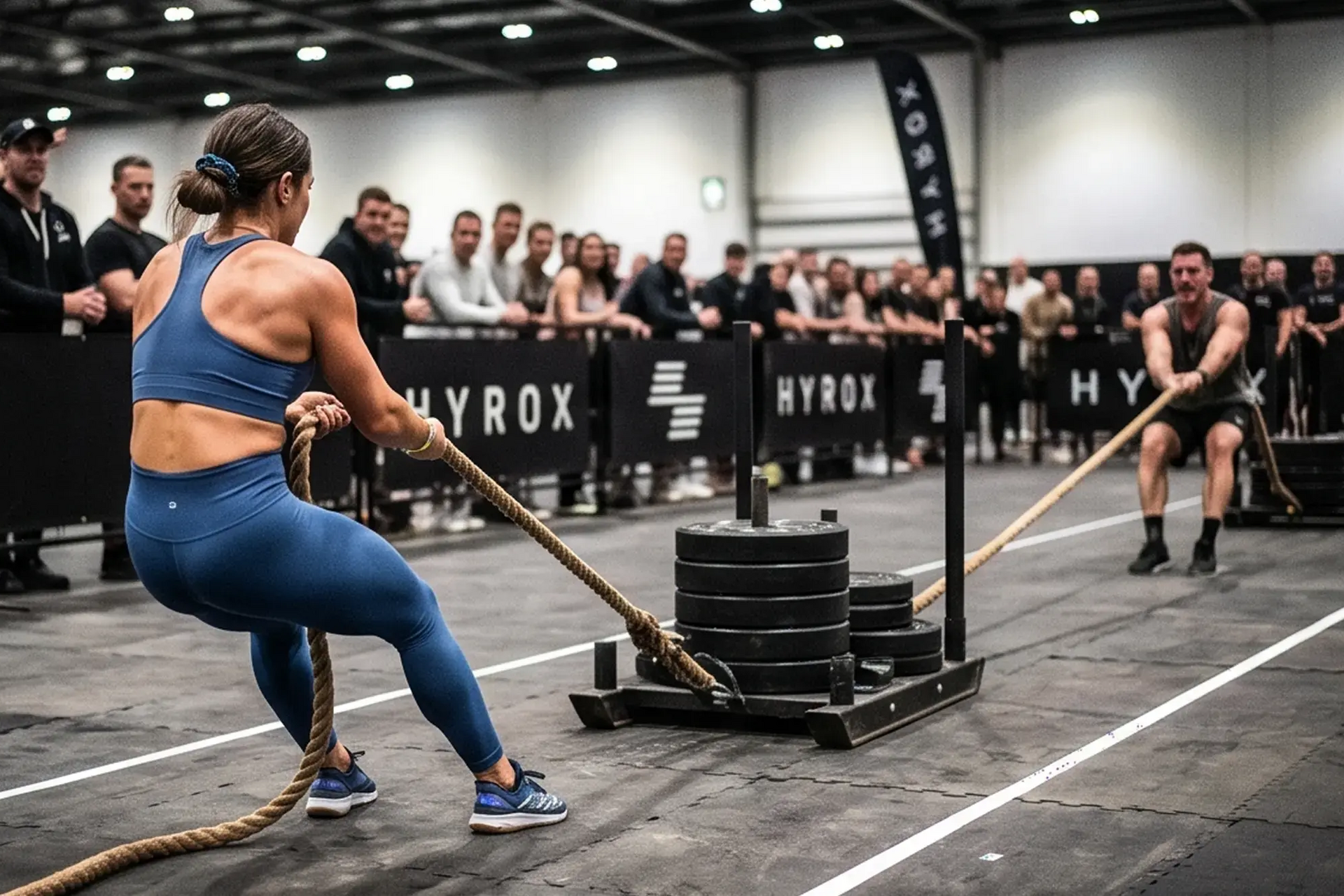 Kobieta i mężczyzna konkurujący między sobą podczas sled pull
