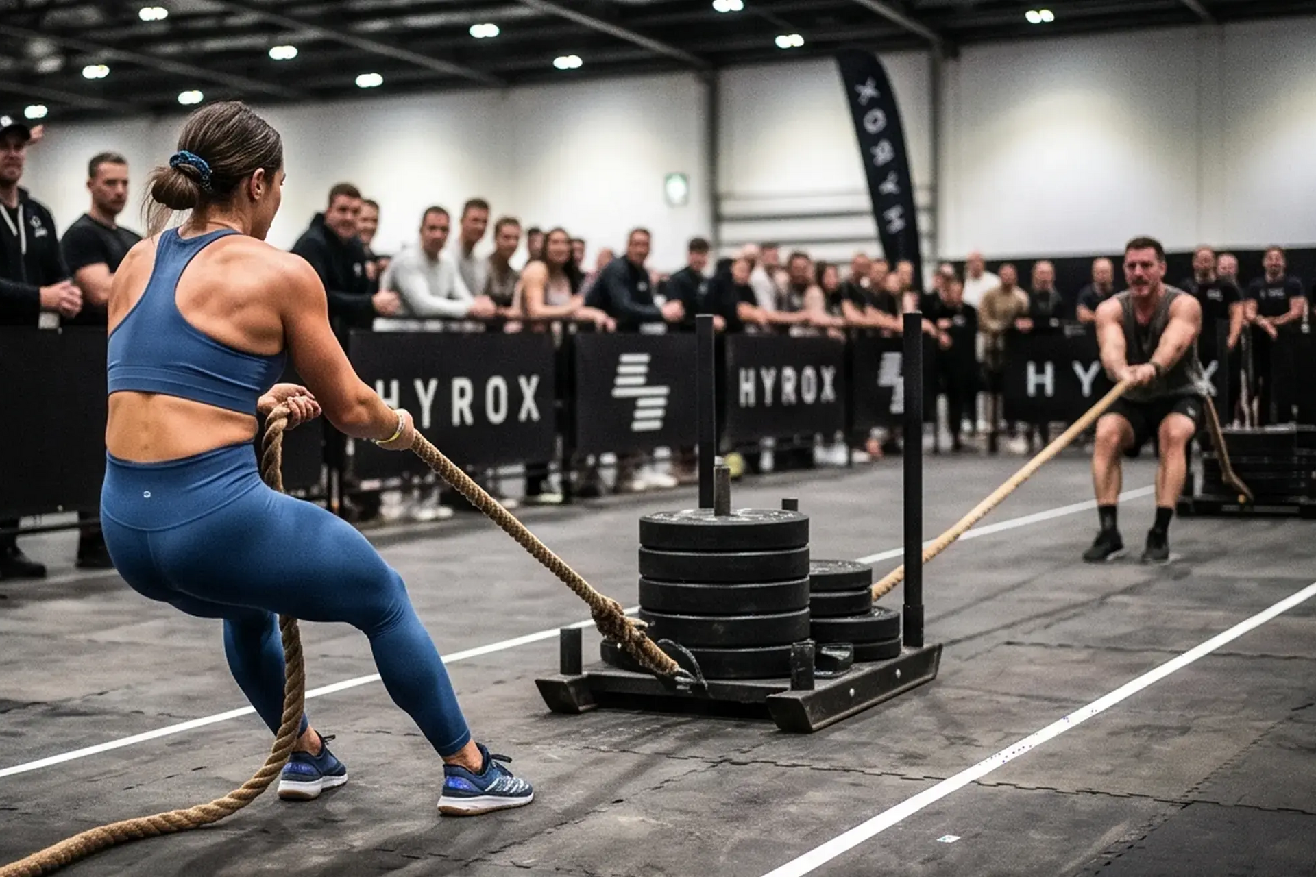 Kobieta i mężczyzna konkurujący między sobą podczas sled pull