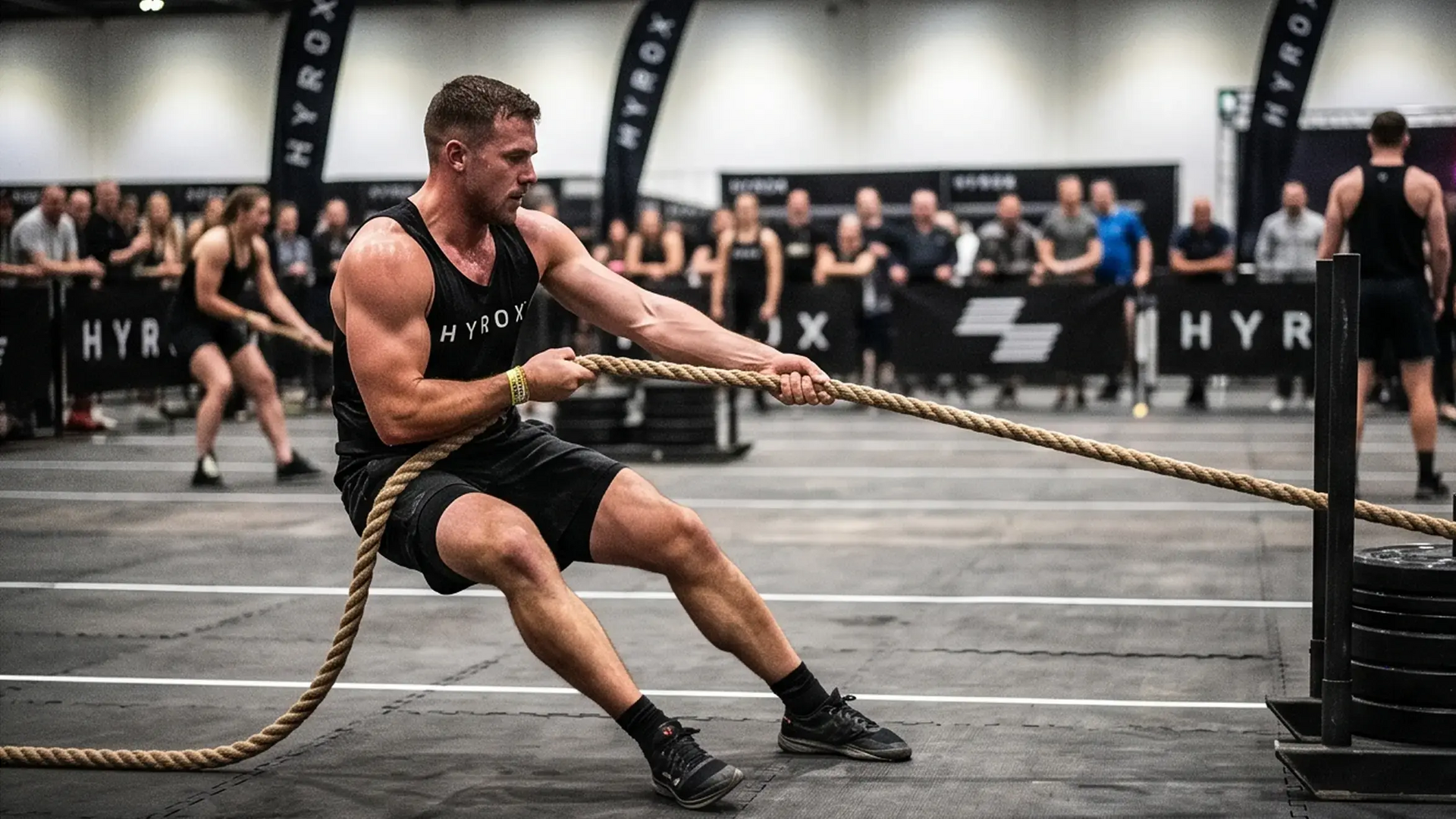 Mężczyzna ciągnący sanie sled pull podczas Hyrox