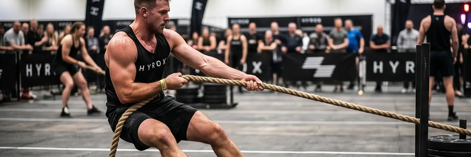 Mężczyzna ciągnący sanie sled pull podczas Hyrox