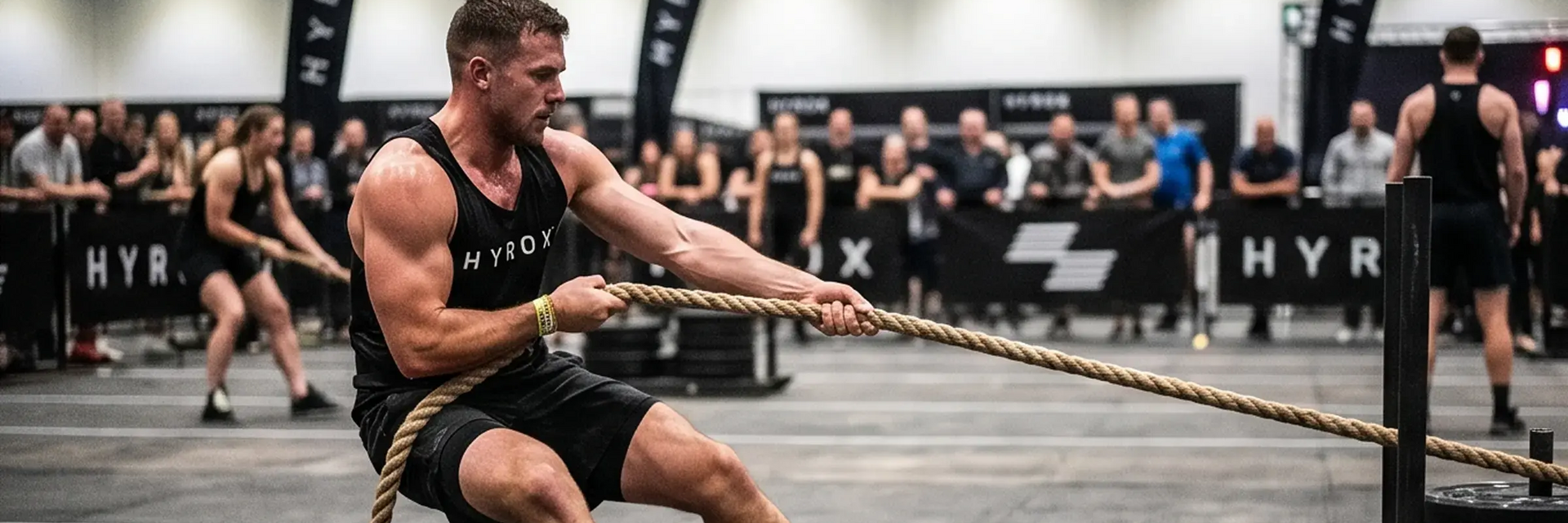 Mężczyzna ciągnący sanie sled pull podczas Hyrox