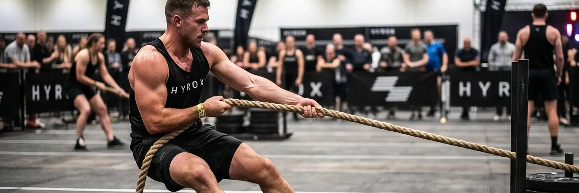 Mężczyzna ciągnący sanie sled pull podczas Hyrox