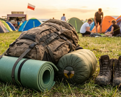 Sprzęt biwakowy obok buty na festiwal