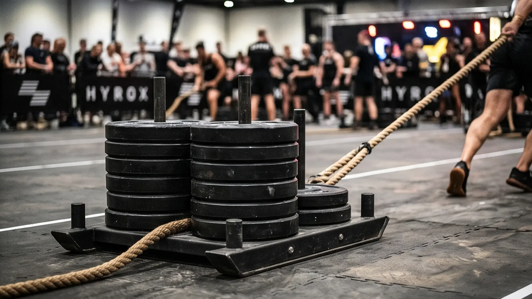 Mężczyzna ciągnący sanie sled pull podczas Hyrox