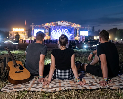 Ludzie siedzący na kocu podczas festiwalu Pol'and'Rock