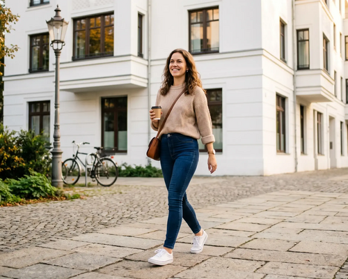 Kobieta w jegginsach z kubkiem w ręku idąca po chodniku