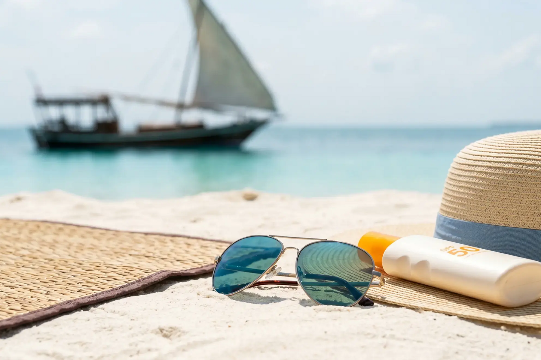 Okulary przeciwsłoneczne krem spf i kapelusz leżące na plaży