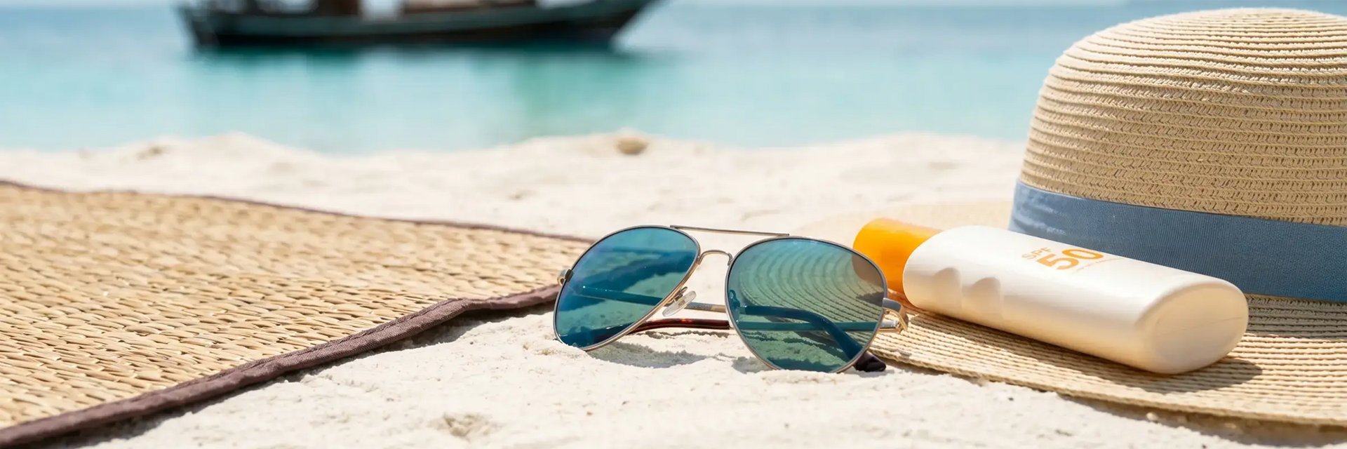 Okulary przeciwsłoneczne krem spf i kapelusz leżące na plaży