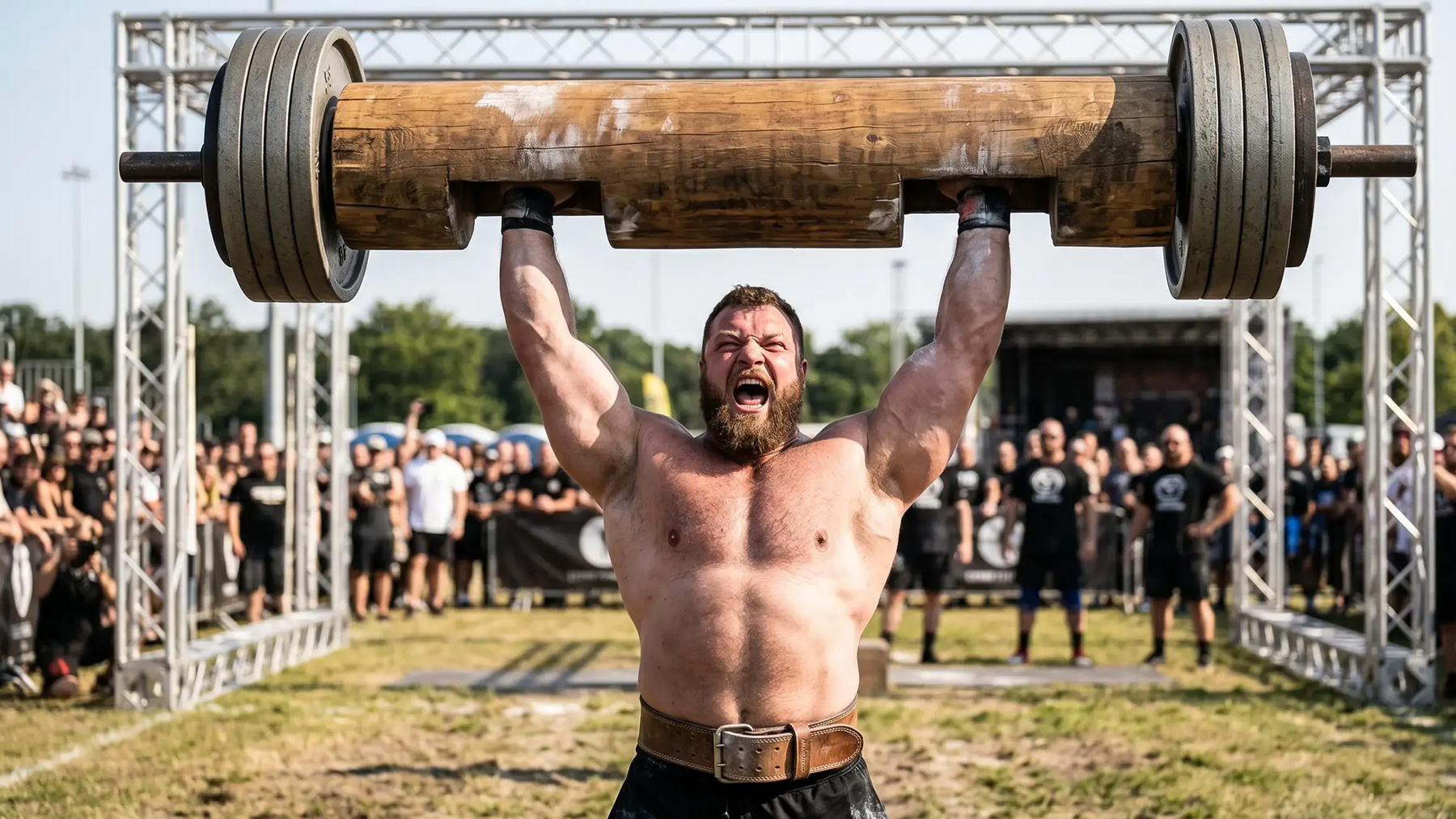 Mężczyzna podnoszący na głową ciężką sztangę na konkursie strongman