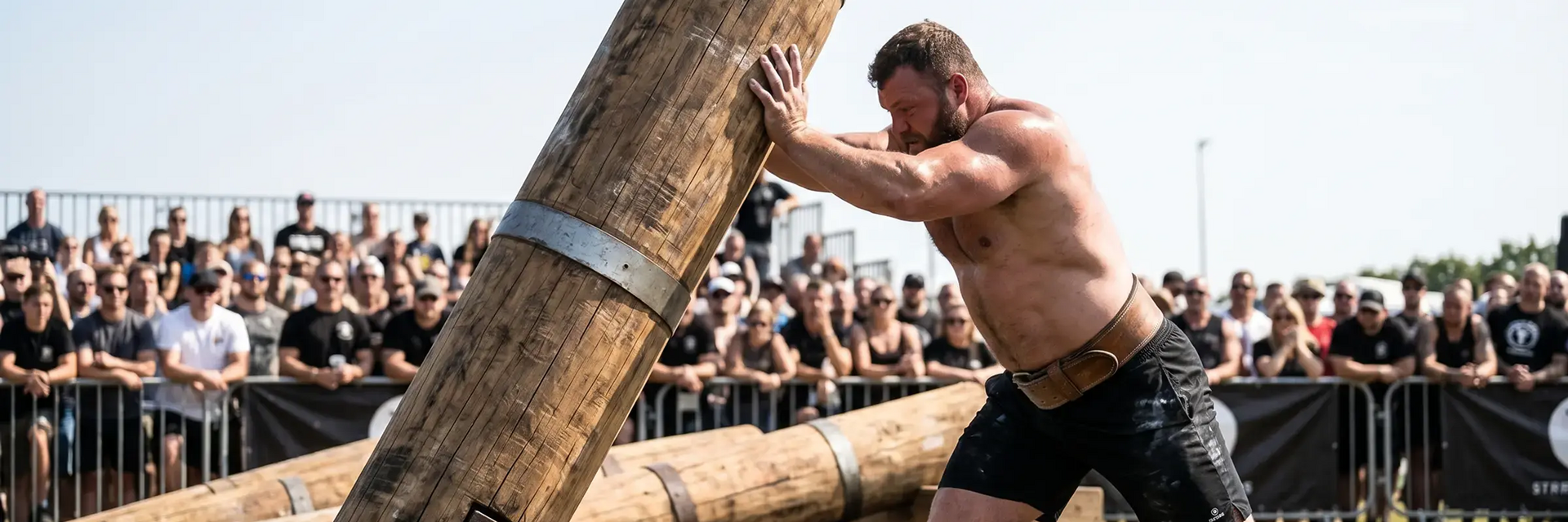 Mężczyzna podnoszący dużą grubą belę w konkursie strongman