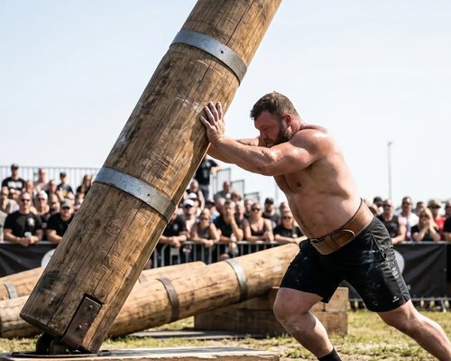 Mężczyzna podnoszący dużą grubą belę w konkursie strongman