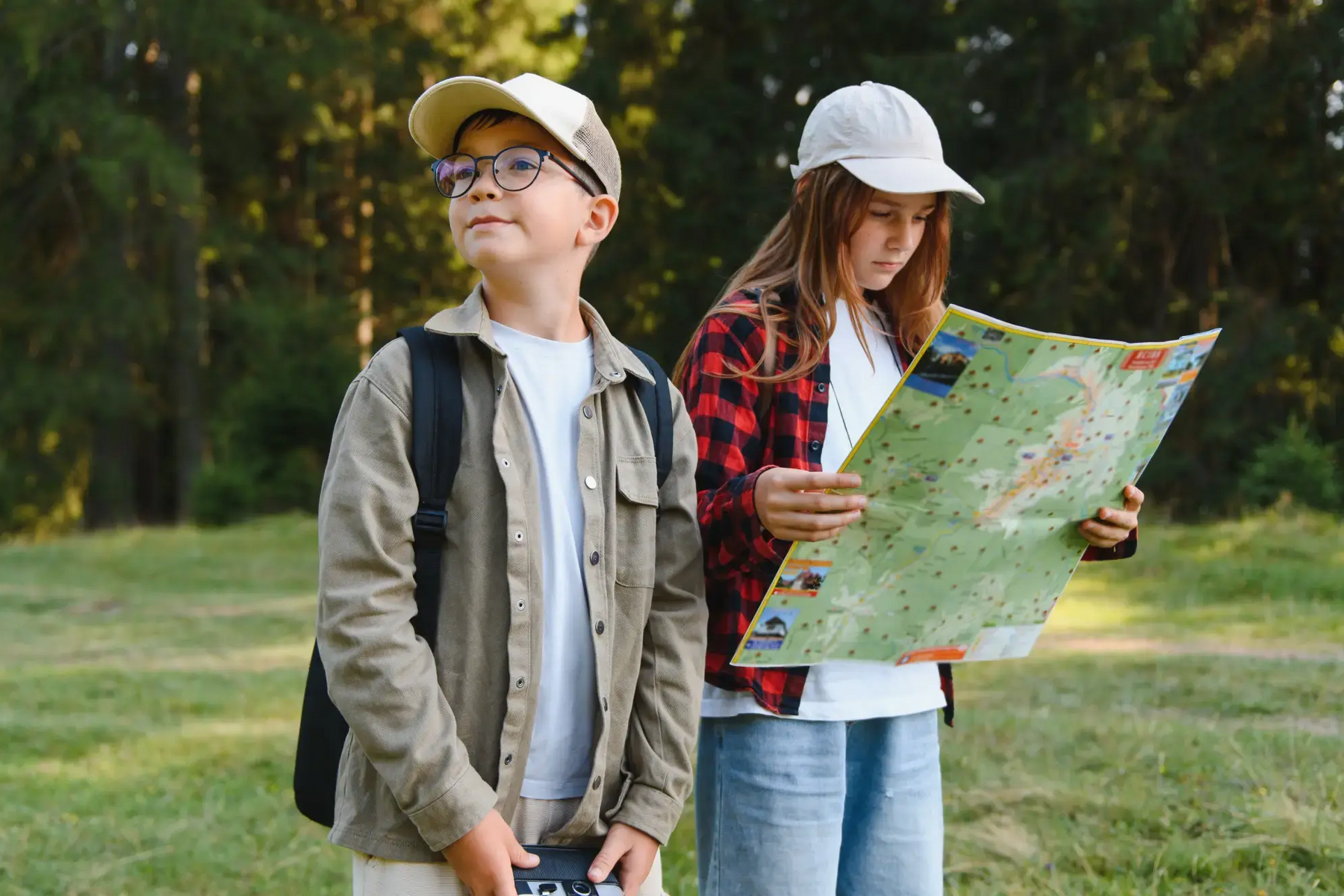 Dwoje dzieci z plecakami czytający mapę