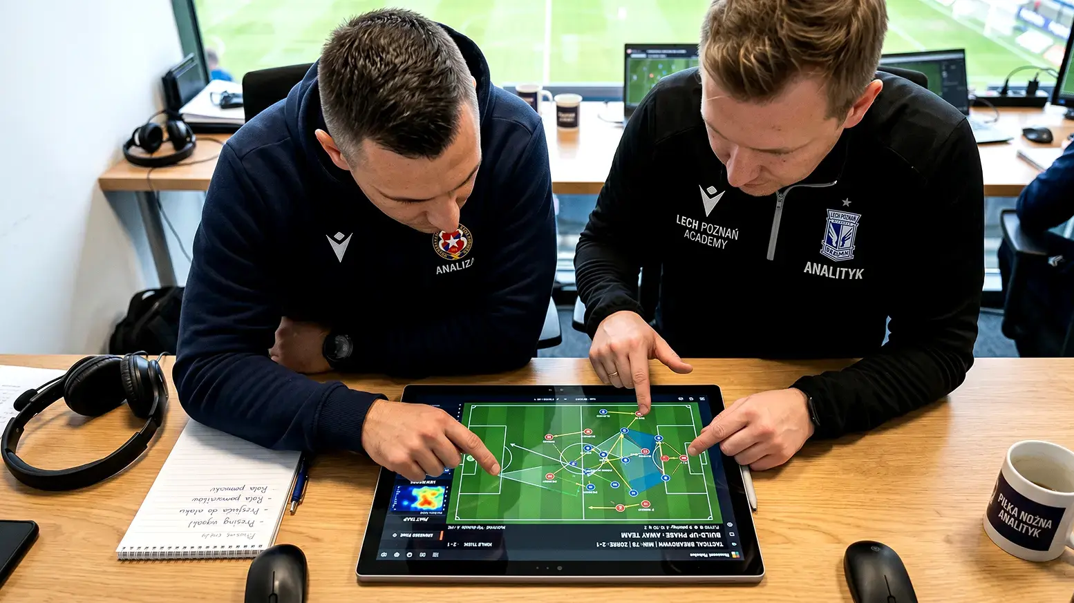 Analitycy piłkarscy patrzący na tablet