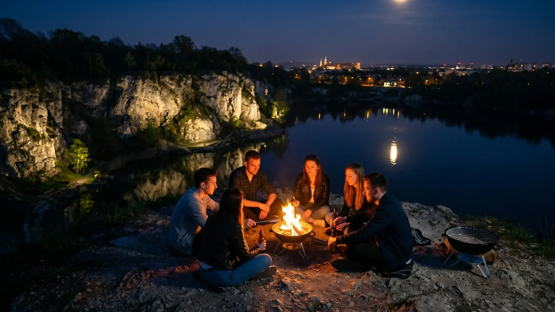 Osoby siedzące wokół ogniska w plenerze nocą