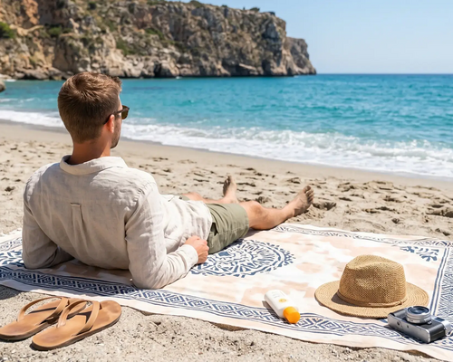 Mężczyzna leżacy na kocu na plaży w Hiszpanii