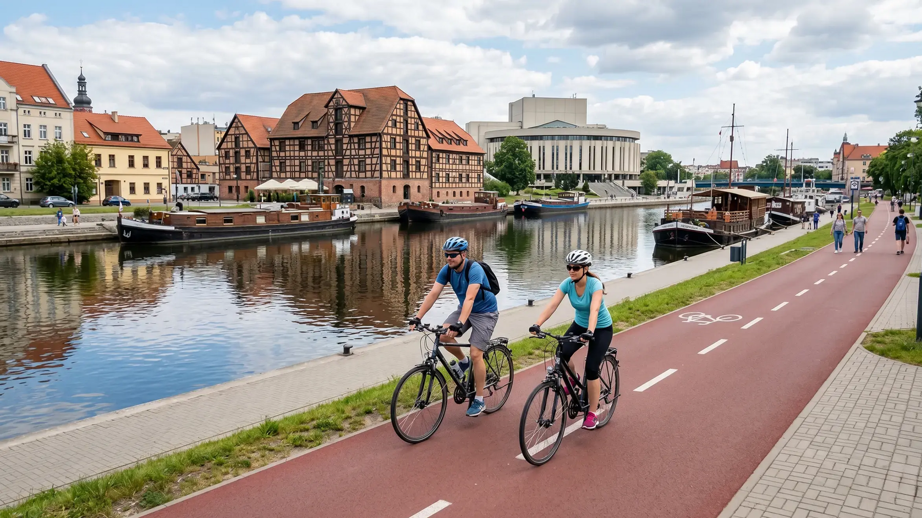 Para w kaskach jadąca rowerami po ścieżce rowerowej w mieście