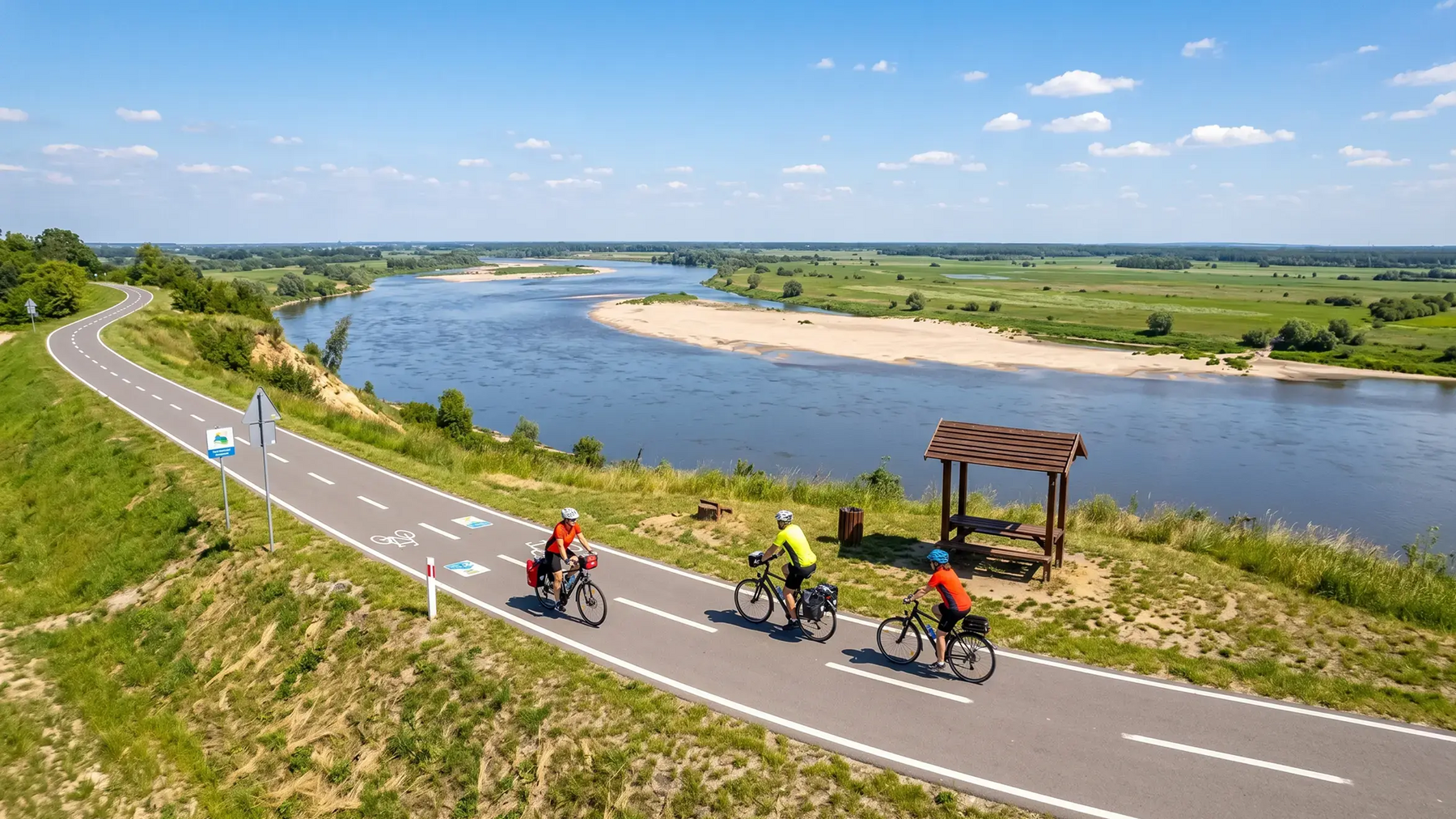 Ludzie na rowerach w kaskach jadący na ścieżce rowerowej