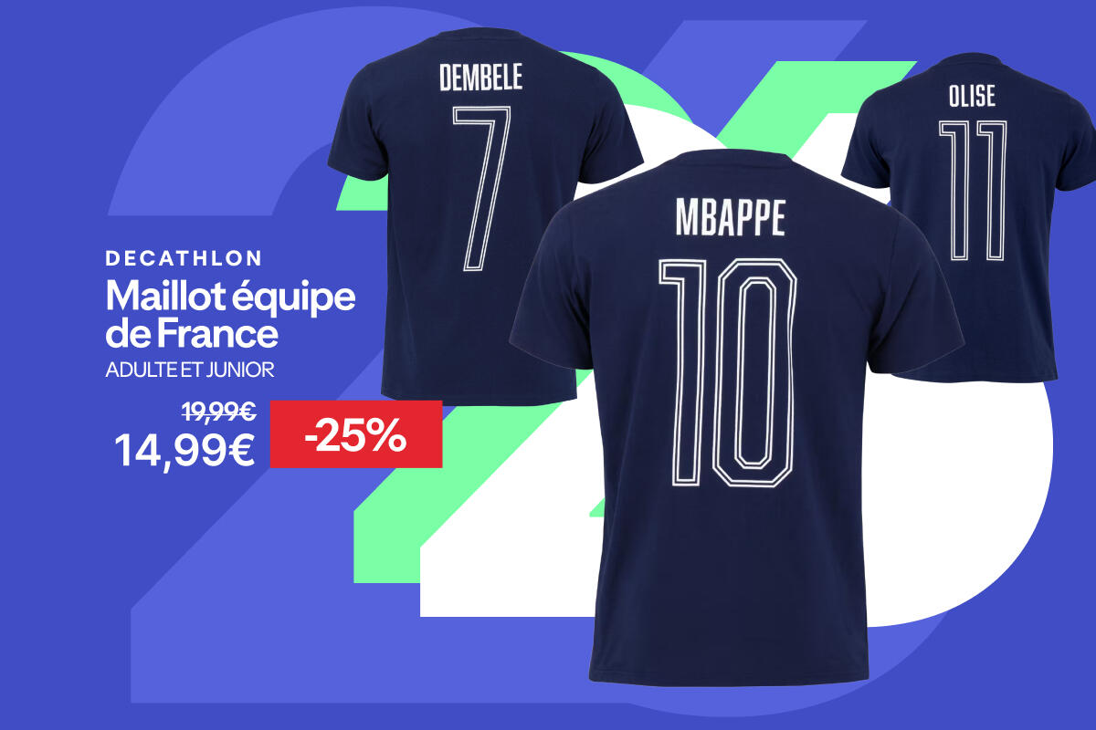 Decathlon : maillot équipe de France adulte et junior à -25% soit 14,99€ au lieu de 19,99€