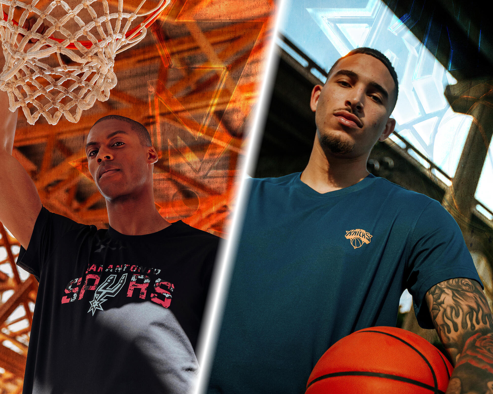 Ein geteiltes Bild zeigt links einen Basketballspieler im schwarzen San Antonio Spurs T-Shirt unter einem Korb vor orangefarbenem Hintergrund und rechts einen Spieler im dunkelblauen New York Knicks T-Shirt, der einen Basketball hält.