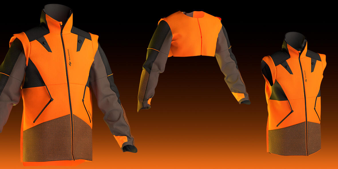 Image 3D des différents éléments qui composent la veste Supertrack 1200 : la veste, le gilet, les manches amovibles
