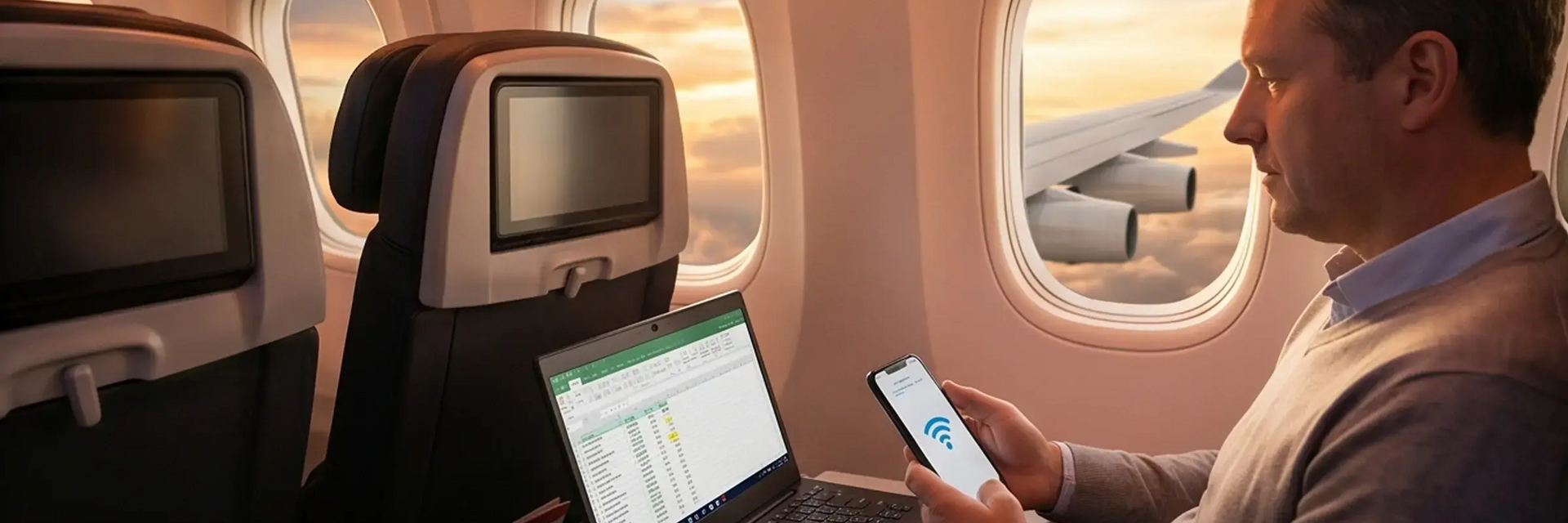 Mężczyzna sprawdzający czy w samolocie jest wifi