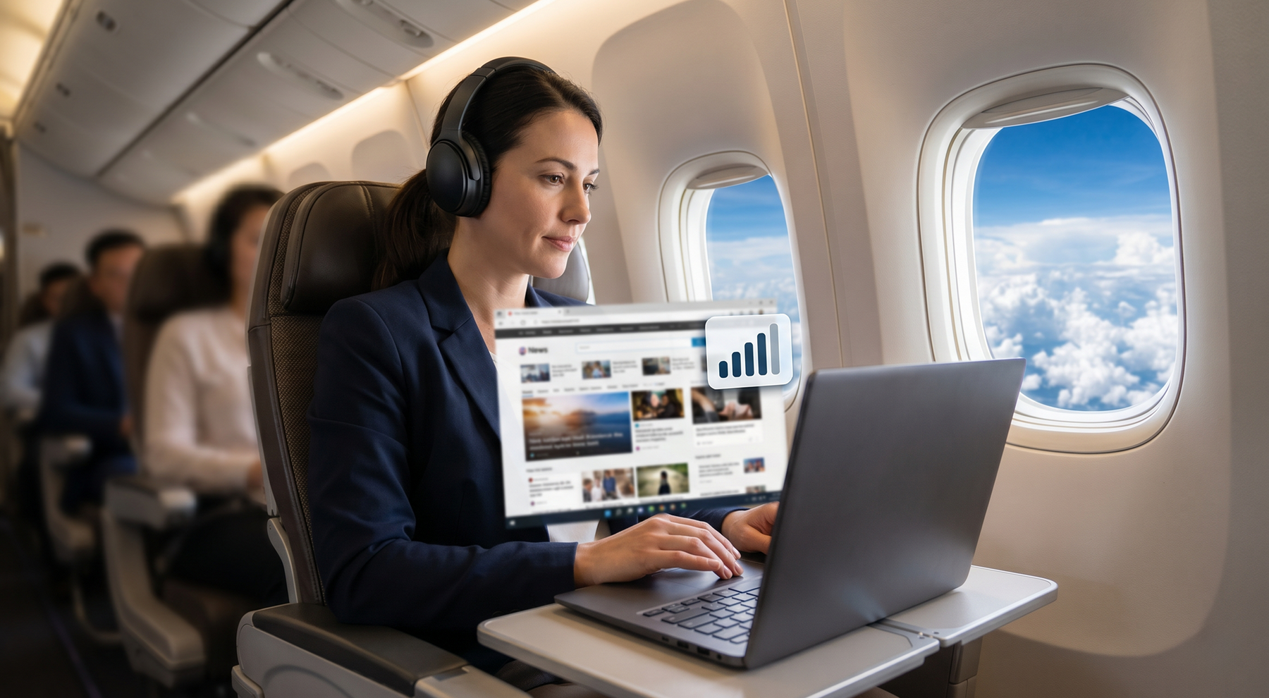 Kobieta pracująca na laptopie w samolocie