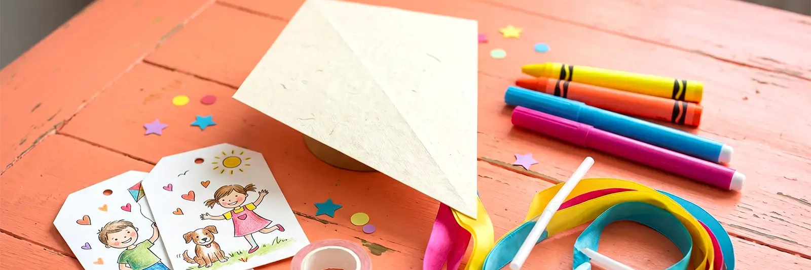 Latawiec z papieru obok kredki leżące na stole