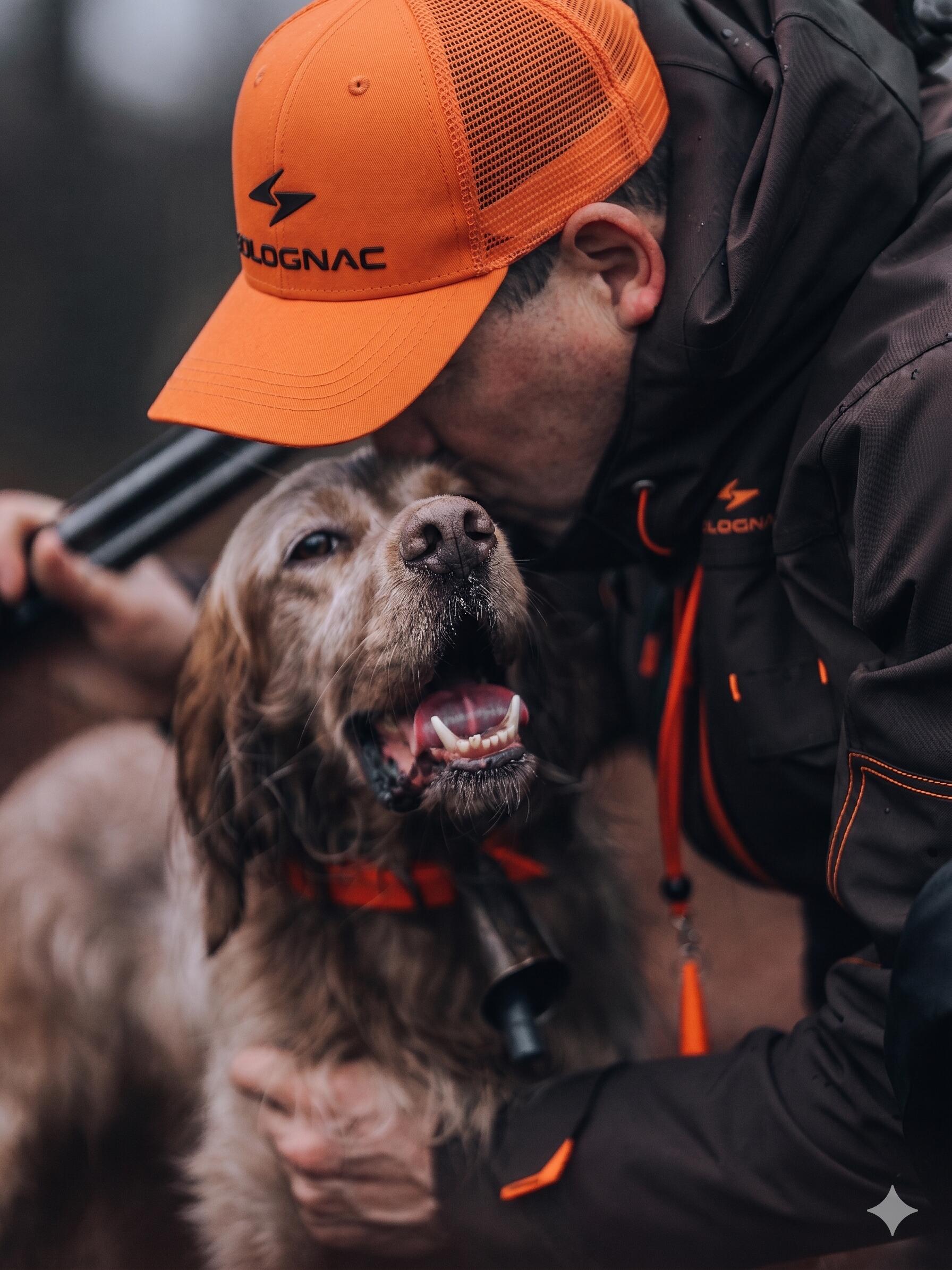 un chasseur embrasse son chien