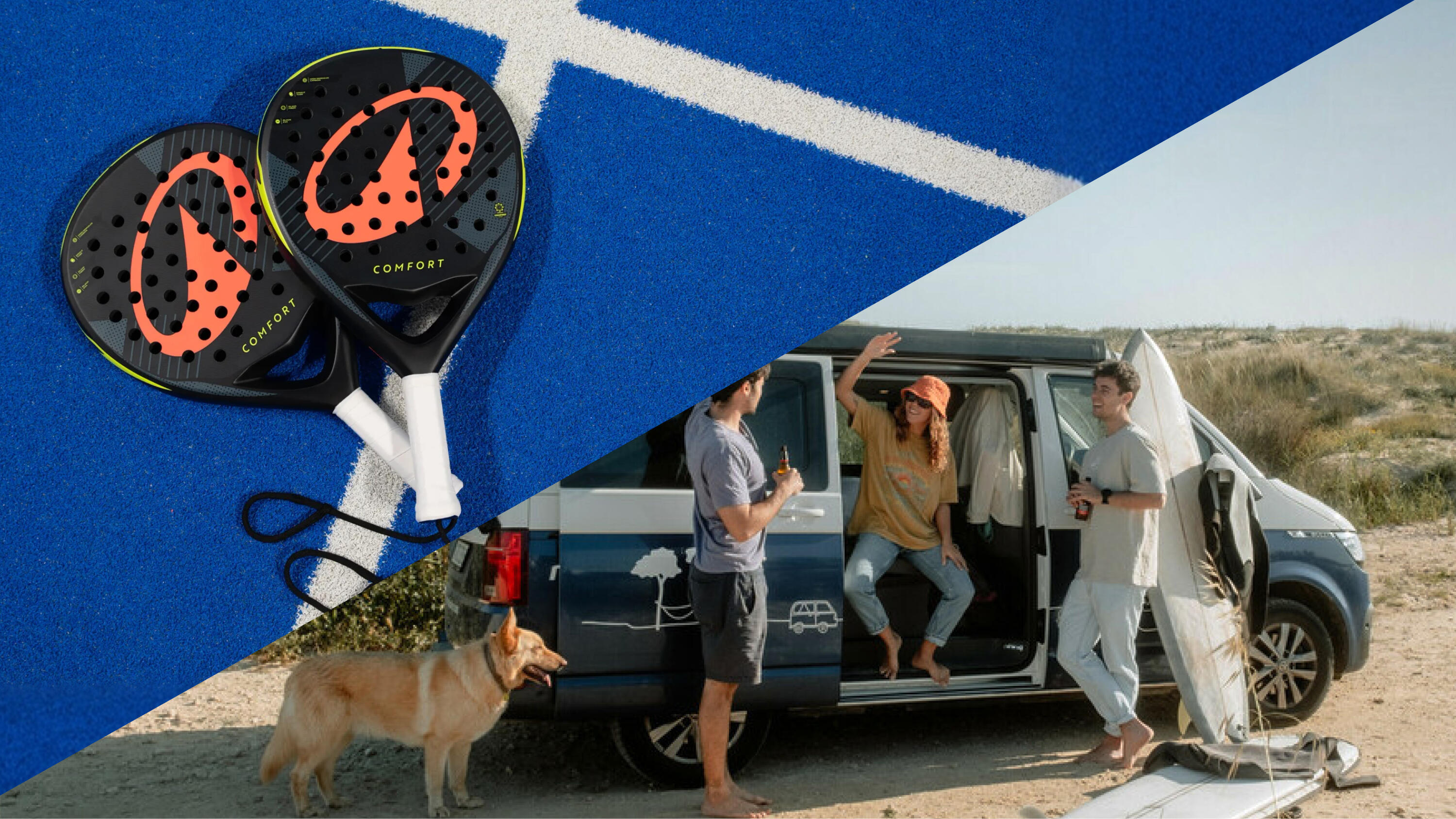 Zwei schwarze Padel-Tennisschläger mit orangefarbenem Logo auf einem blauen Sportplatz, kombiniert mit einer Lifestyle-Szene von Freunden bei einem Roadtrip mit Campingbus.