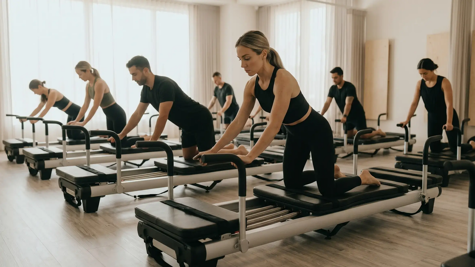 Ludzie ćwiczący trening lagree na reformerach