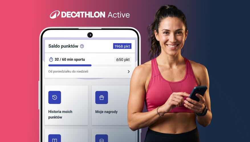 DECATHLON Active. Widok ekranu aplikacji z saldem punktów, historią, moimi nagrodami i katalogiem nagród.