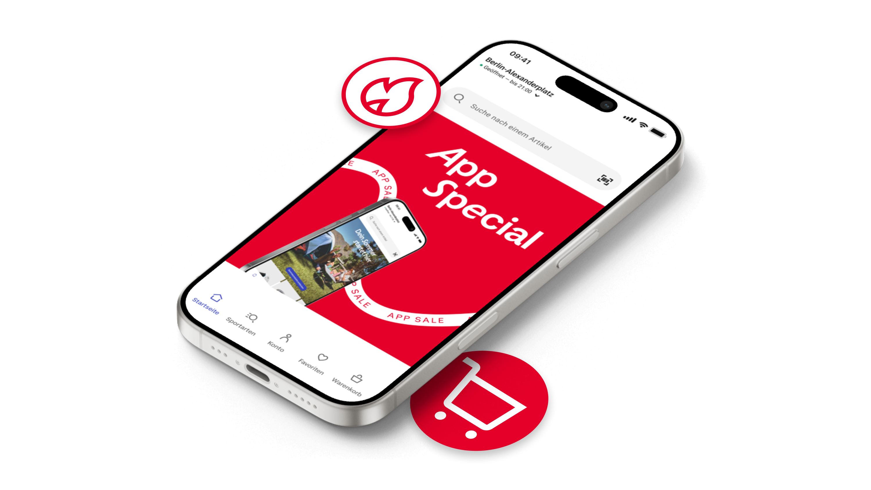 Werbegrafik für exklusive Decathlon App-Angebote mit dem Text „Exklusive Angebote“, einem „Feuer“-Emoji und einem Smartphone-Mockup, das ein „App only Special“ zeigt.