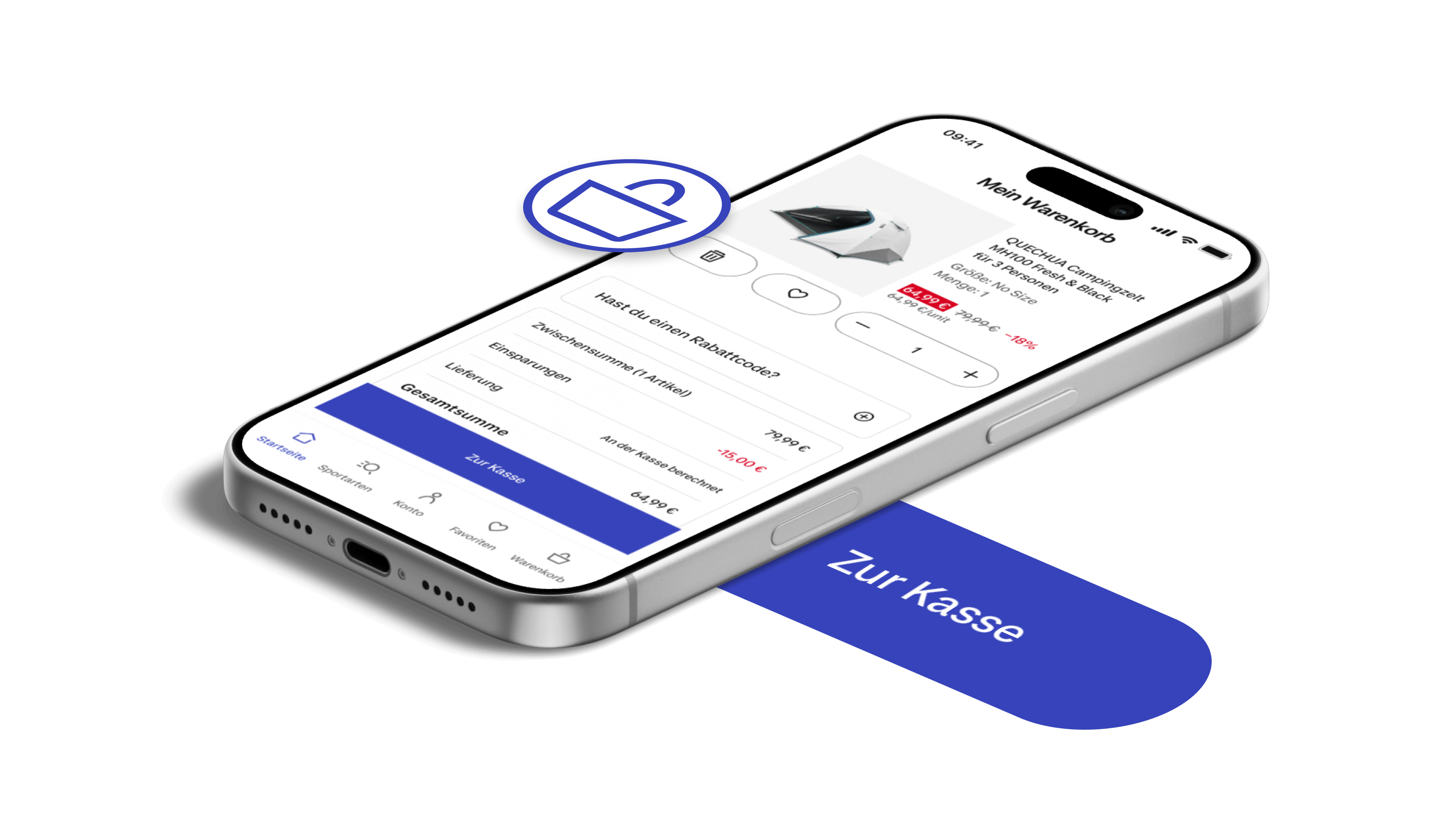 Smartphone-Mockup mit der Checkout- und Warenkorb-Ansicht der Decathlon Shopping-App