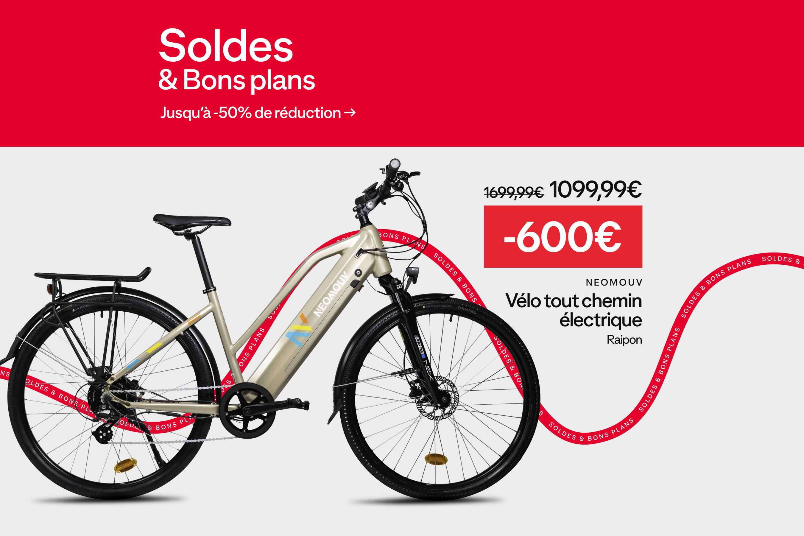 Soldes & bons plans : jusqu'à -50%. Vélo tout chemin électrique Raipon NEOMOUV à -600€ soit 1099,99€ au lieu de 1699,99€