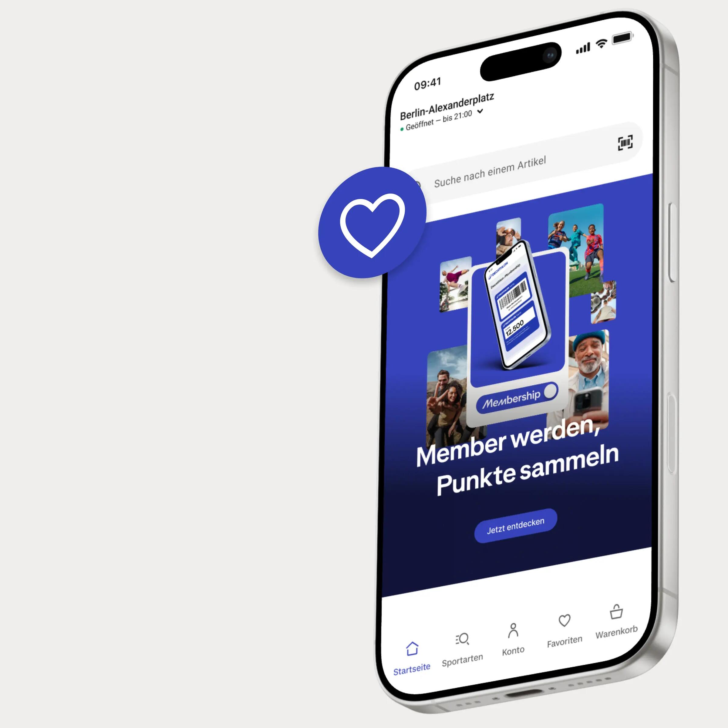 Ein Smartphone mit der Benutzeroberfläche einer mobilen App für ein Kundenbindungsprogramm, dem Text „Member werden, Punkte sammeln“ und einem schwebenden, blauen Herz-Symbol.