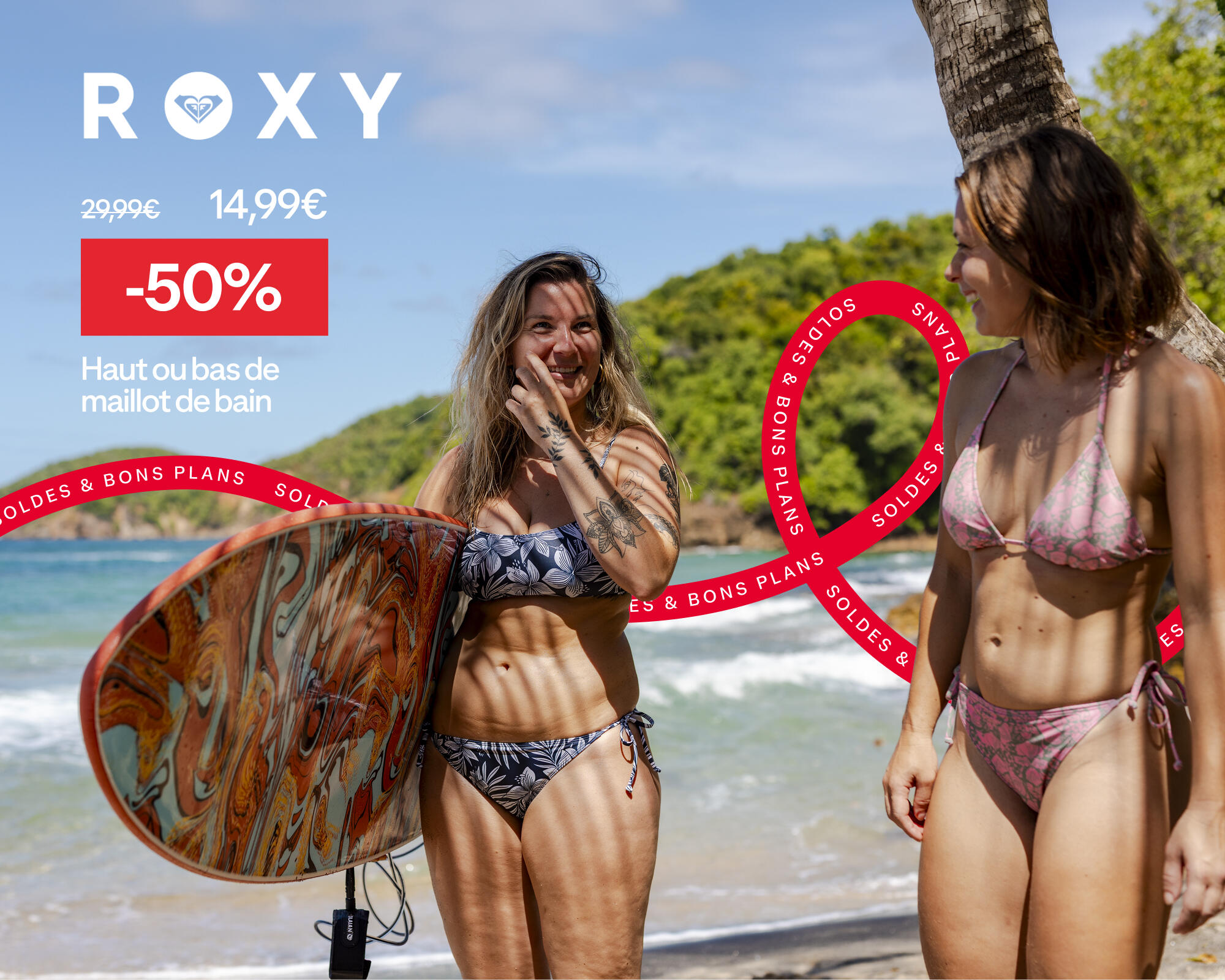 ROXY : haut ou bas de maillot de bain à -50% soit 14,99€ au lieu de 29,99€