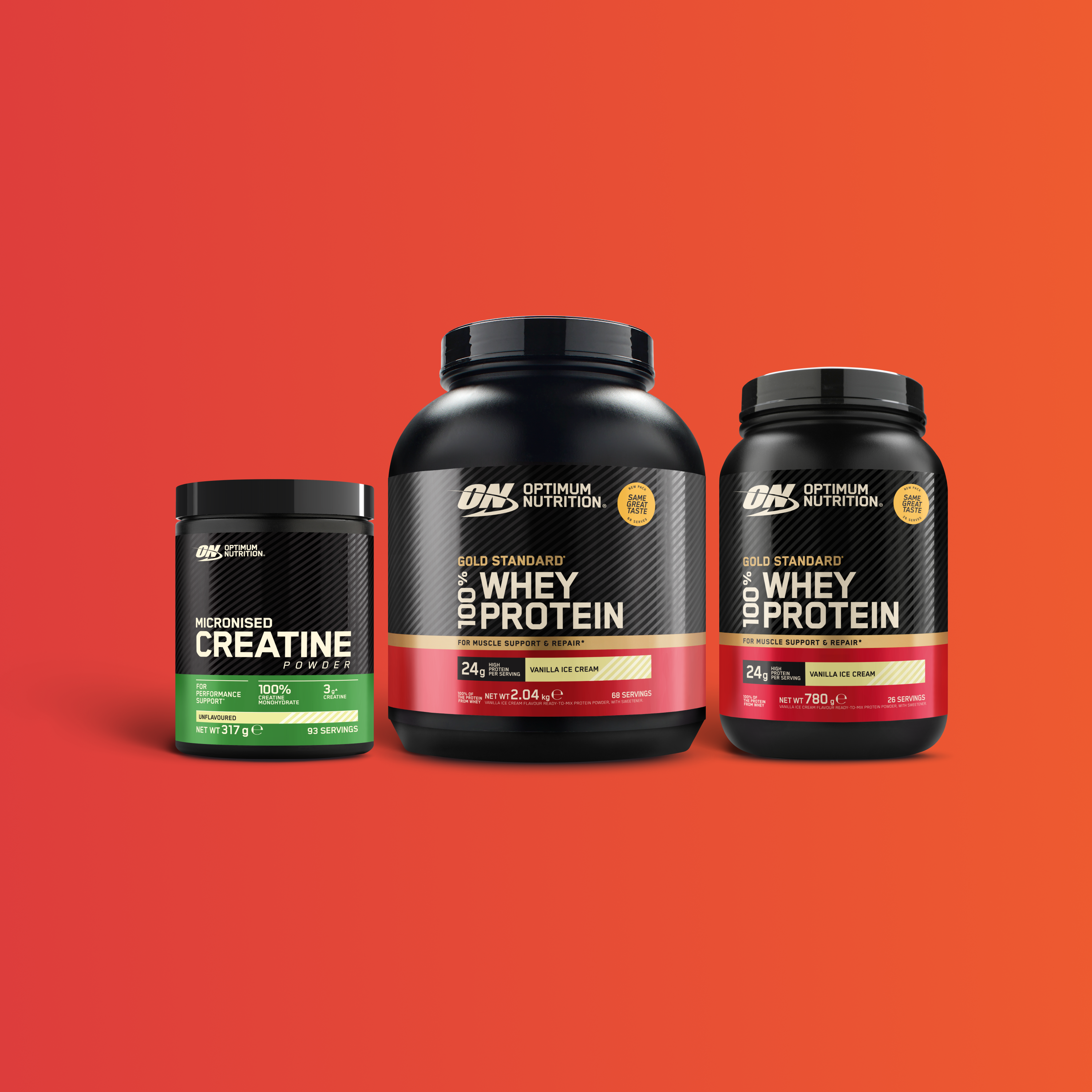 Drei Optimum Nutrition Produkte nebeneinander