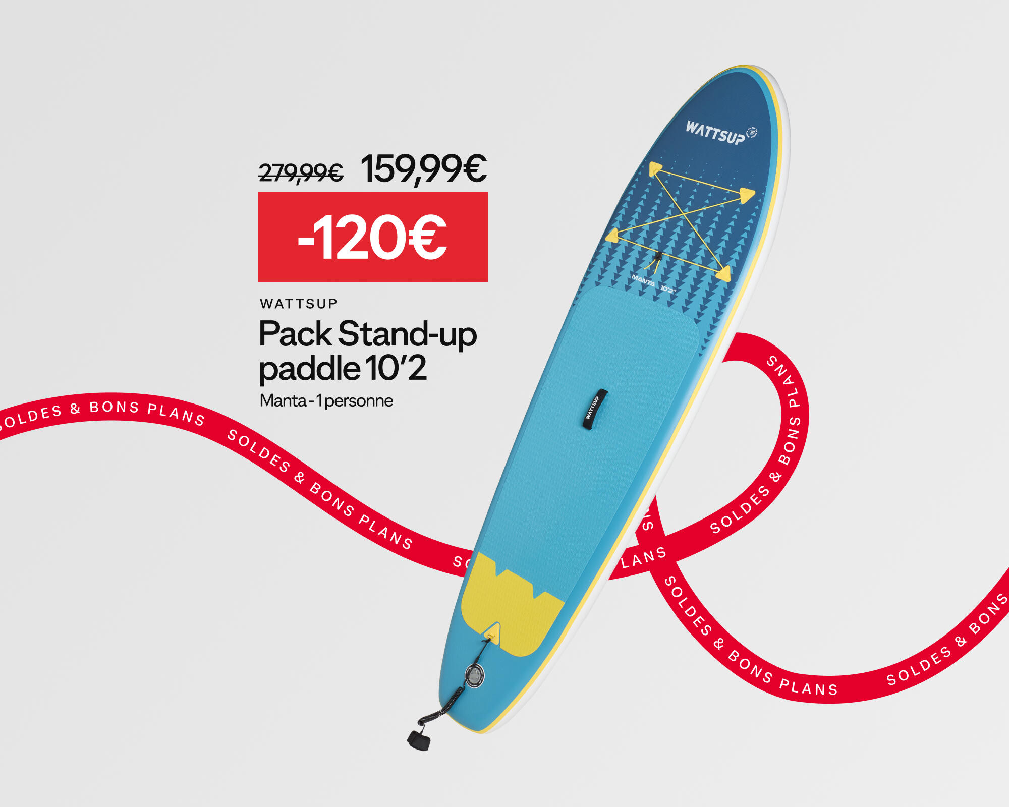 Soldes & bons plans WATTSUP : pack stand-up paddle 10'2 manta - 1 personne à -20€ soit 159,99€ au lieu de 279,99€