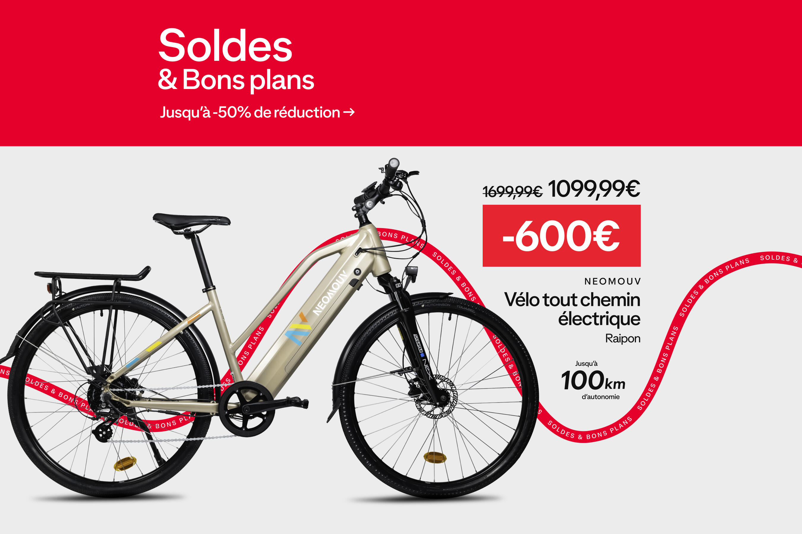Soldes & bons plans : jusqu'à -50%. Vélo tout chemin électrique Raipon NEOMOUV à -600€ soit 1099,99€ au lieu de 1699,99€