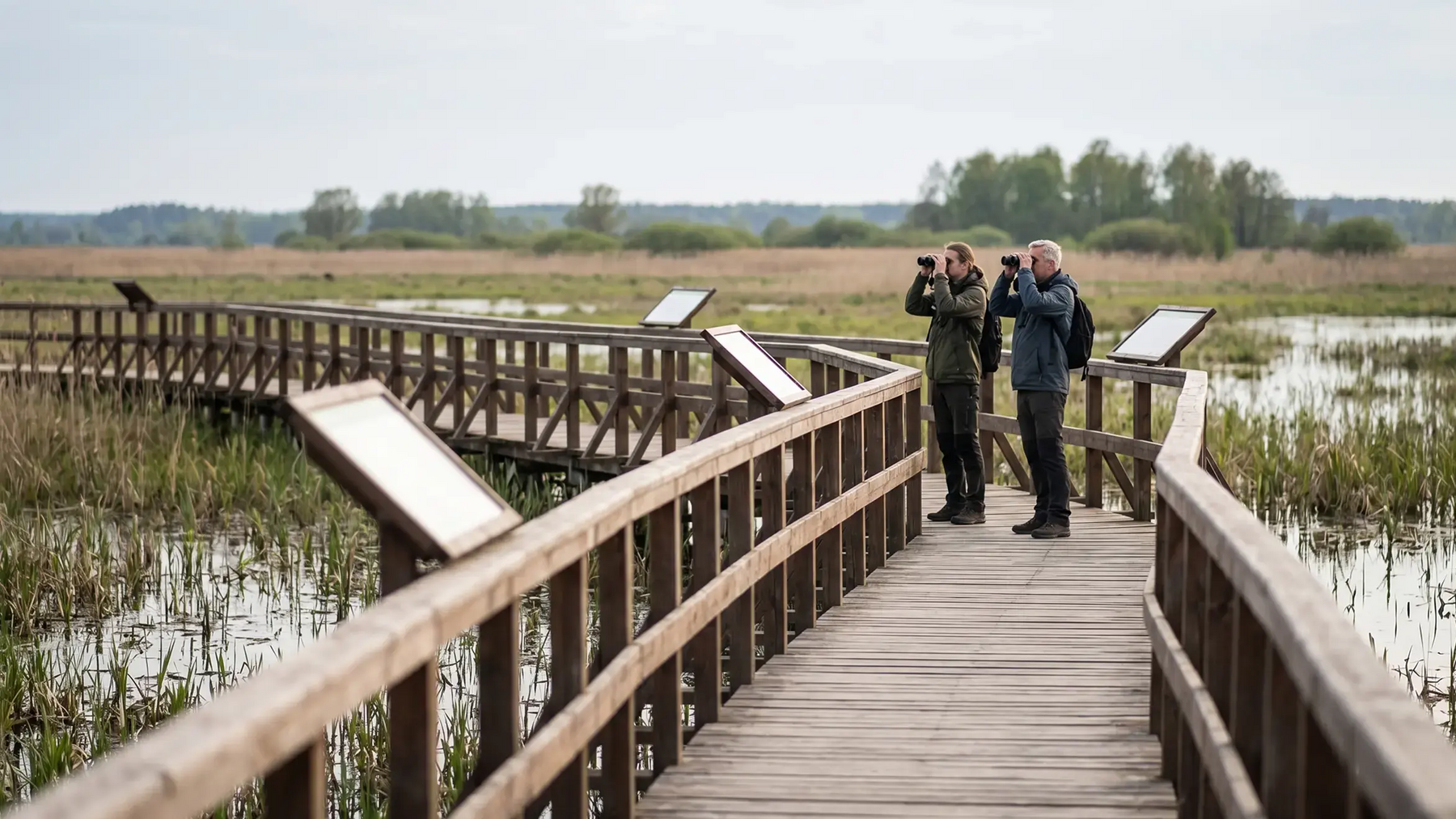Para patrząca przez lornetkę na kładce w parku narodowym