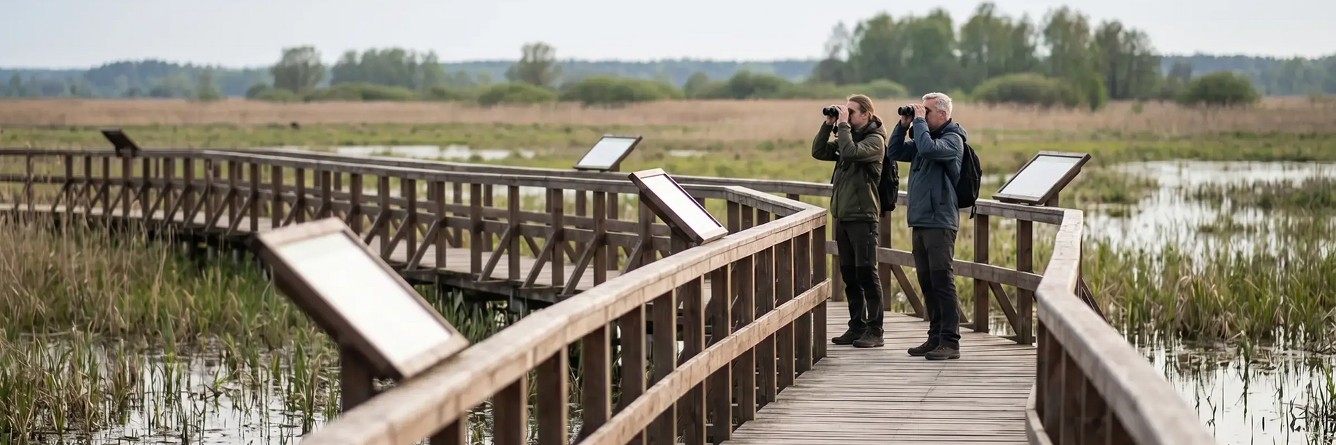 Para patrząca przez lornetkę na kładce spacerująca po rezerwacie przyrody