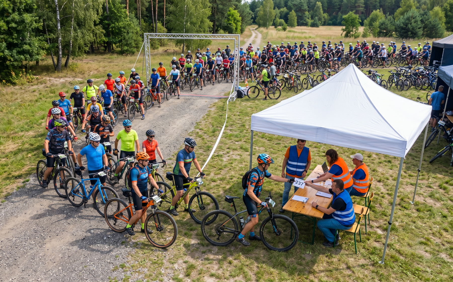 Ludzie na rowerach czekający w kolejce do rejestracji na rajd rowerowy